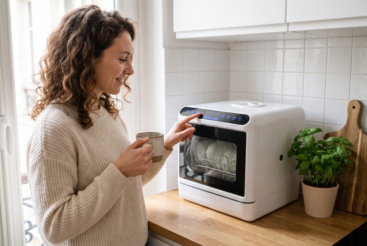 Une femme lance Joe, mini lave-vaisselle de comptoir, dans une cuisine d’appartement